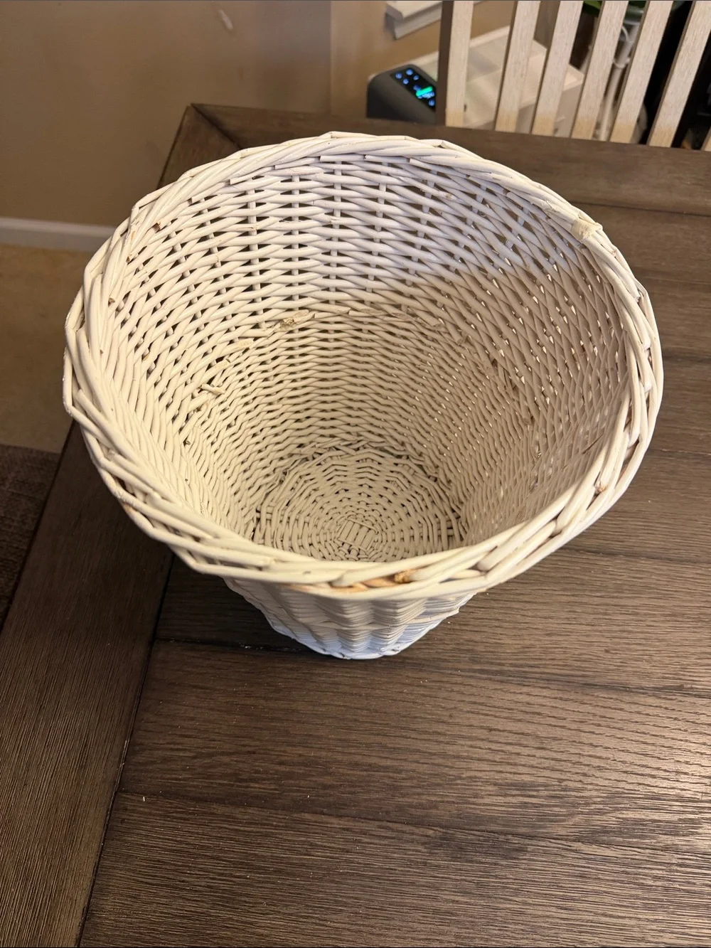 Vintage BOHO Cottage White Wicker Woven Beach Trash Basket / Wastebasket